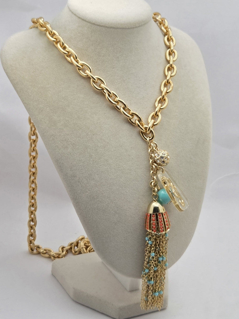 Lilly Pulitzer Seahorse Tassel Charm Necklace Gold Tone Turquoise Coral 32.5"